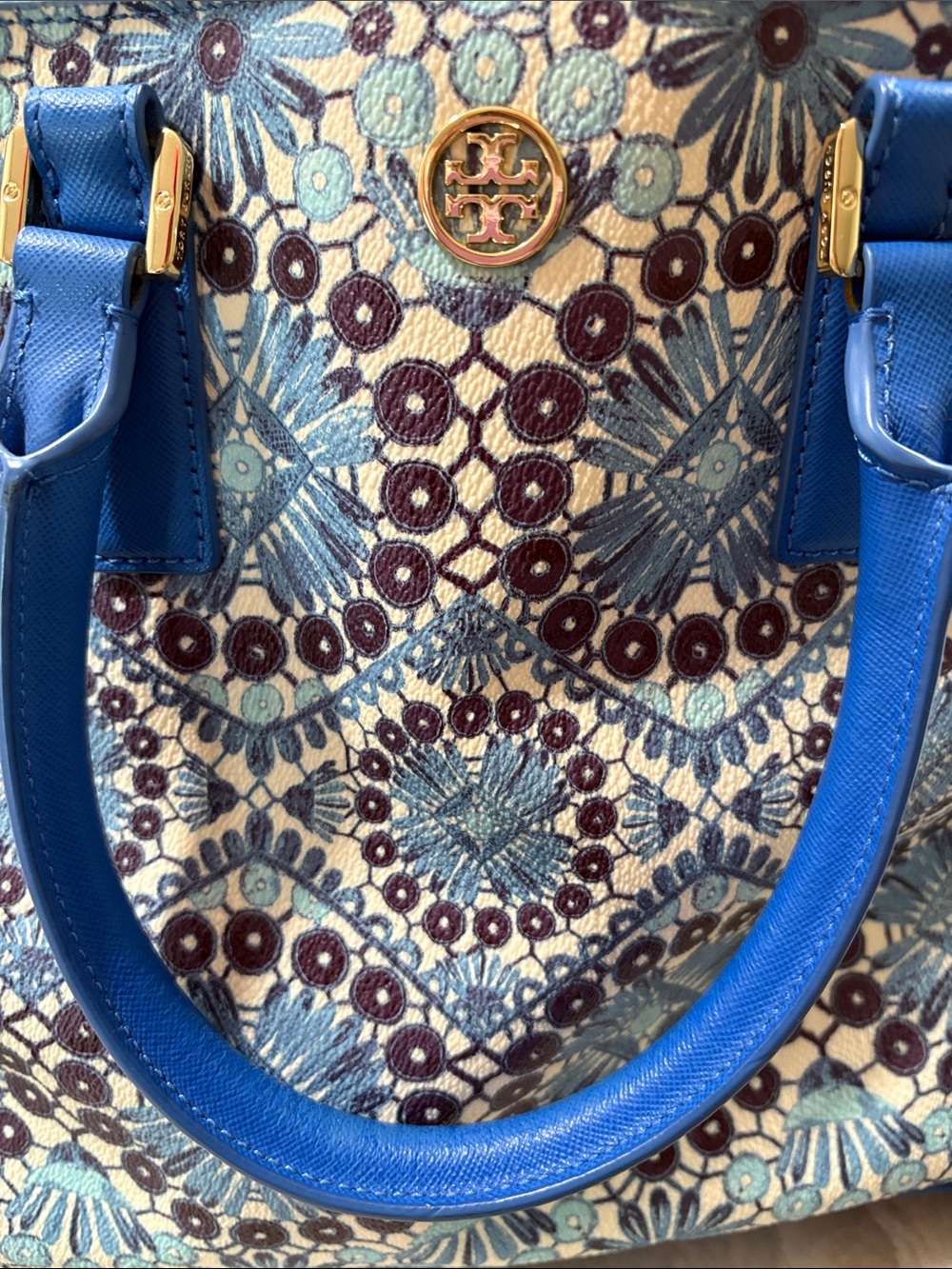Tory Burch Blue Floral Geometric Dome Satchel with Removable Strap - Picture 6 of 8